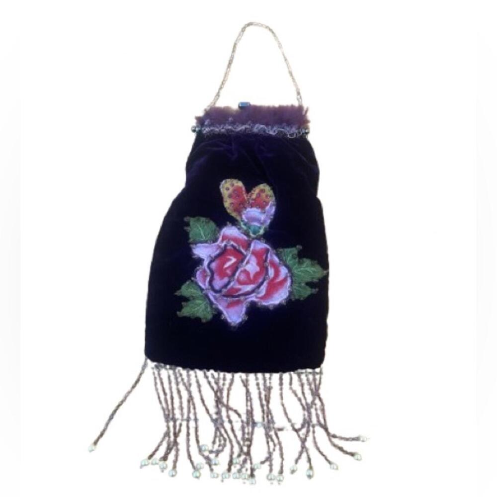 IPA-NIMA Black Velvet Pink Beaded Evening Bag Floral Feather Purse - Whimsygoth